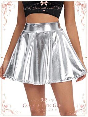 Shiny Metallic Pleated Mini Skater Skirt Stretch Flared A-Line Party
